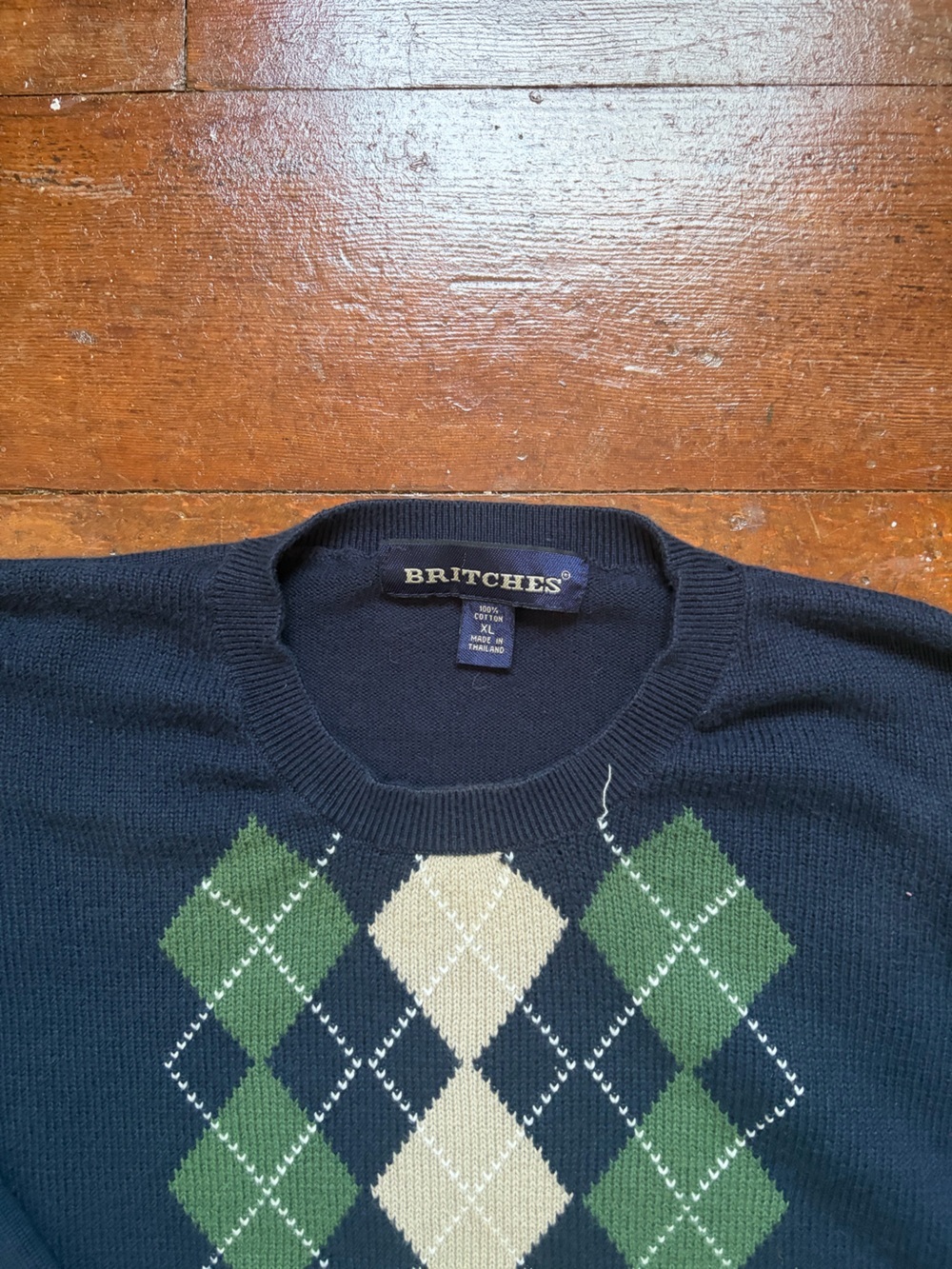 Britches Men's Navy Argyle Crewneck Sweater with Green & Cream Pattern